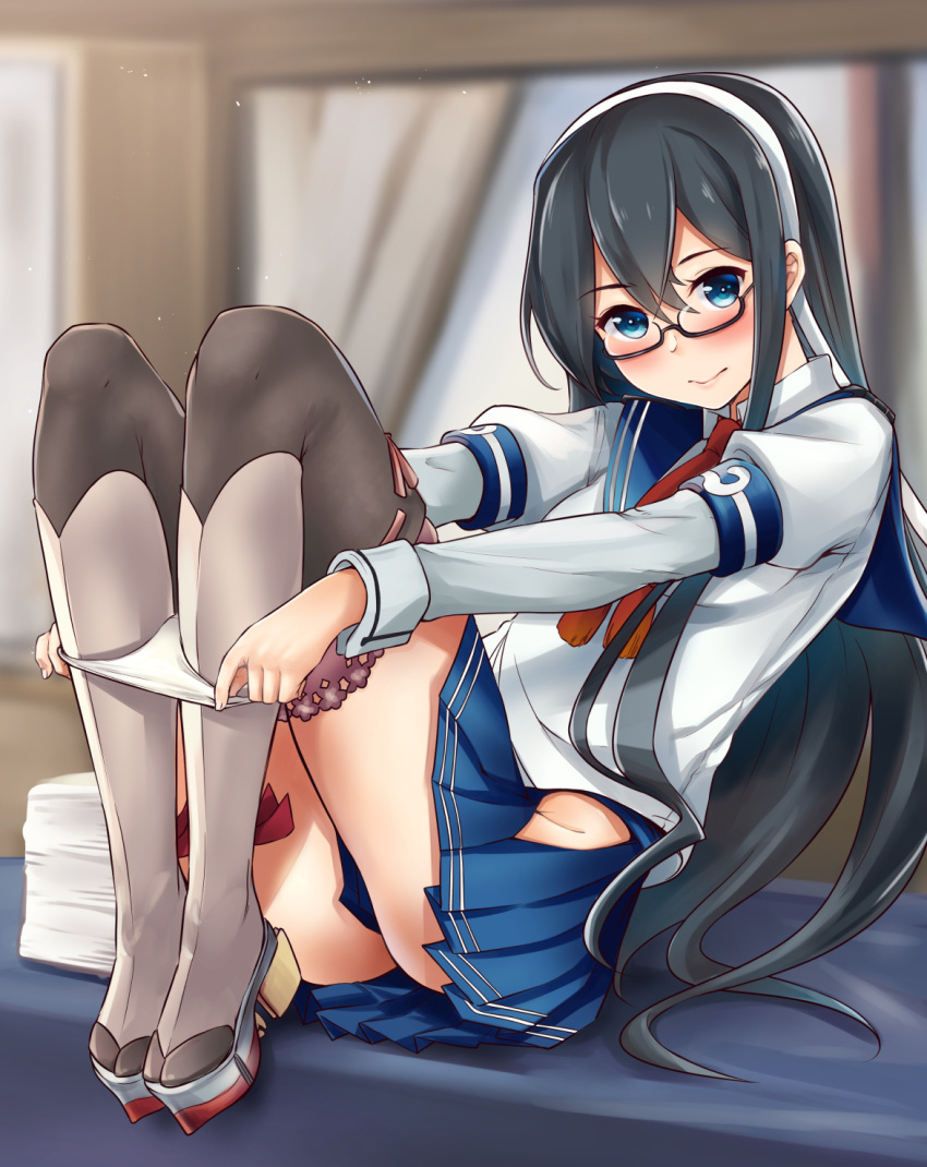 1girl ass black_hair black_legwear blue_eyes blue_skirt blurry blurry_background blush closed_mouth commentary_request desk glasses gloves hairband haregama_shiina highres hip_vent indoors kantai_collection knees_up leaning_back long_hair long_sleeves looking_at_viewer on_desk ooyodo_(kantai_collection) panties panty_pull paper pleated_skirt pulled_by_self school_uniform semi-rimless_glasses serafuku sitting skirt smile solo tablecloth thigh-highs under-rim_glasses underwear undressing uniform very_long_hair white_gloves white_hairband white_panties