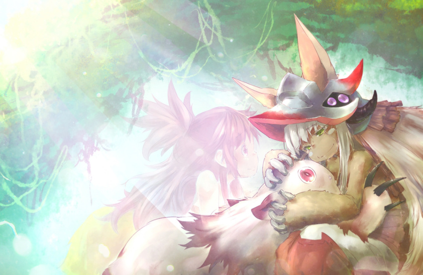 2girls animal_ears branch claws creature diffraction_spikes dual_persona exxe_mkii furry green_eyes helmet hug long_hair looking_at_another made_in_abyss mitty_(made_in_abyss) multiple_girls nanachi_(made_in_abyss) pink_eyes pink_hair plant rabbit_ears sad_smile smile spoilers tears topknot translucent vines whiskers white_hair