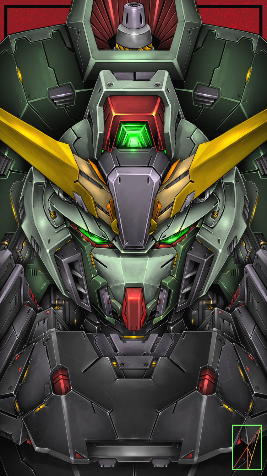 absurdres artist_logo denjyou23 forbidden_gundam green_eyes gundam gundam_seed highres looking_ahead mecha mobile_suit no_humans portrait science_fiction solo v-fin