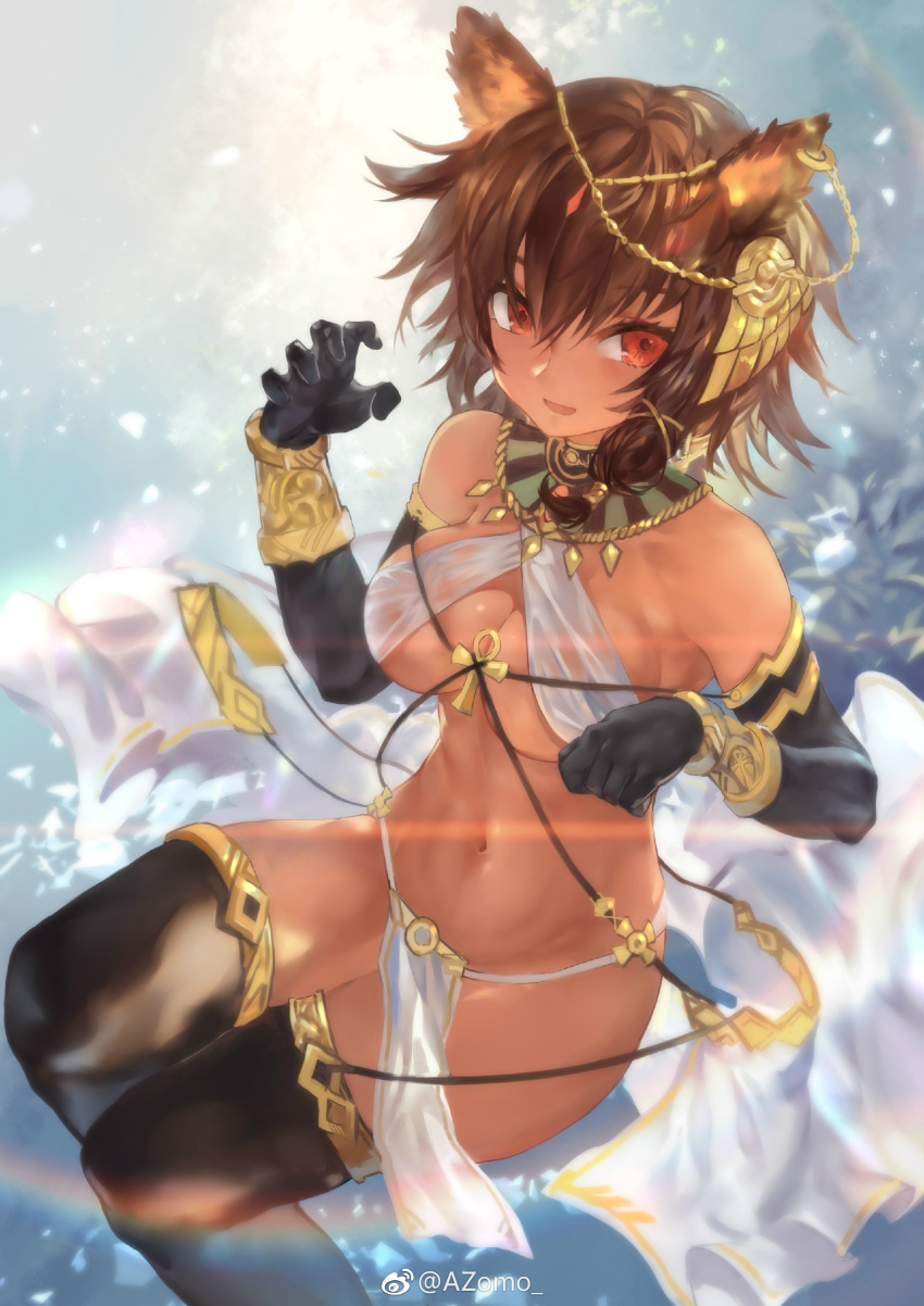 1girl absurdres animal_ears avamone bare_shoulders black_gloves black_legwear bracelet breasts brown_hair cleavage criss-cross_halter dark_skin egyptian_clothes elbow_gloves gloves hair_ornament halterneck highres jewelry large_breasts loincloth looking_at_viewer navel no_panties original pelvic_curtain red_eyes revealing_clothes short_hair single_sidelock smile solo thigh-highs