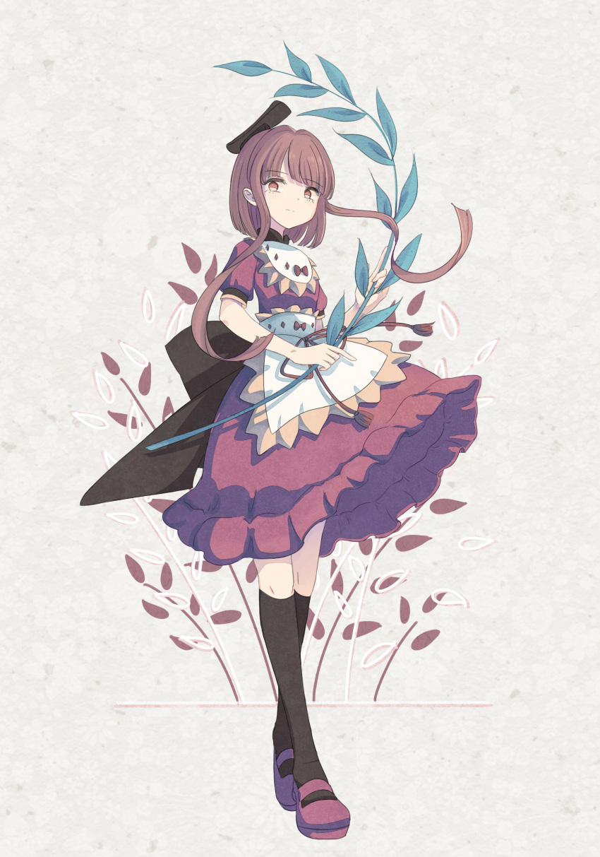 1girl aaaabo absurdres apron bangs black_hat black_legwear blunt_bangs brown_eyes brown_hair dress expressionless full_body hat highres kneehighs looking_at_viewer myouga_(plant) nishida_satono pink_shoes puffy_short_sleeves puffy_sleeves shoes short_dress short_hair_with_long_locks short_sleeves solo standing tate_eboshi touhou waist_apron