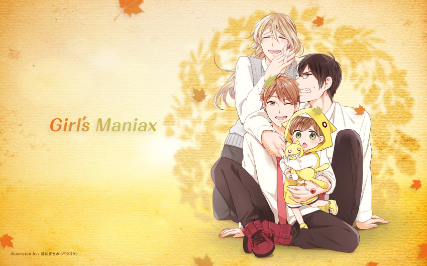 4boys arm_around_shoulder arm_support artist_name blonde_hair brown_eyes character_doll character_hood child chimi_(parascenium) clenched_teeth closed_eyes copyright_name dlsite.com gaku_(dlsite) green_eyes highres interlocked_fingers leaf long_hair male_focus maple_leaf michel_(dlsite) minato_(dlsite) multiple_boys official_art one_eye_closed orange_background rar_(dlsite) shoes sitting smile sneakers sweater_vest teeth wallpaper ziptan