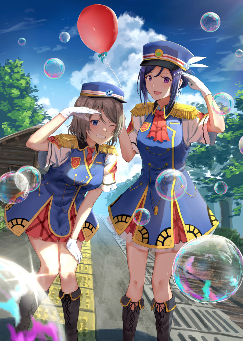 2girls ;d ascot balloon black_footwear blue_eyes blue_hair blue_jacket blue_sky blush boots brown_hair bubble clouds cloudy_sky commentary_request day epaulettes gloves hand_up happy_party_train hat highres holding_balloon jacket k_ryo leaning_forward looking_at_viewer love_live! love_live!_sunshine!! matsuura_kanan multiple_girls necktie one_eye_closed open_mouth outdoors path red_ascot red_necktie road salute shirt short_hair short_sleeves sky sleeveless_jacket smile solo standing tree violet_eyes watanabe_you white_gloves white_shirt