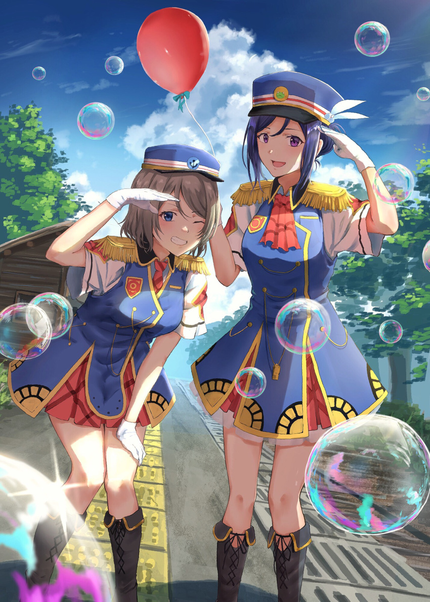 2girls ;d ascot balloon black_footwear blue_eyes blue_hair blue_jacket blue_sky blush boots brown_hair bubble clouds cloudy_sky commentary_request day epaulettes gloves hand_up happy_party_train hat highres holding_balloon jacket k_ryo leaning_forward looking_at_viewer love_live! love_live!_sunshine!! matsuura_kanan multiple_girls necktie one_eye_closed open_mouth outdoors path red_ascot red_necktie revision road salute shirt short_hair short_sleeves sky sleeveless_jacket smile solo standing tree violet_eyes watanabe_you white_gloves white_shirt