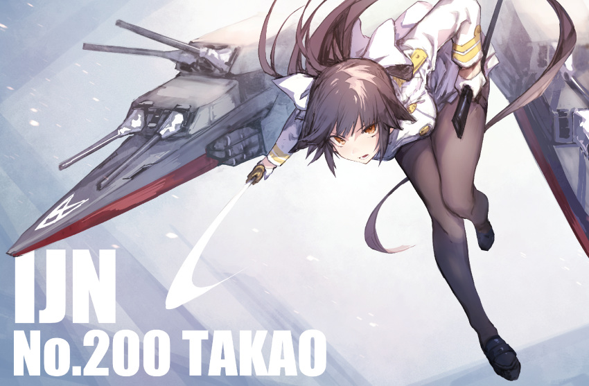 1girl azur_lane bangs black_hair breasts character_name double-breasted eyebrows_visible_through_hair gloves hair_flaps highres holding holding_sword holding_weapon katana large_breasts long_hair looking_at_viewer mephist-pheles military military_uniform pantyhose parted_lips ponytail rigging sheath sidelocks solo sword takao_(azur_lane) teeth thighband_pantyhose tsurime uniform unsheathed weapon white_gloves