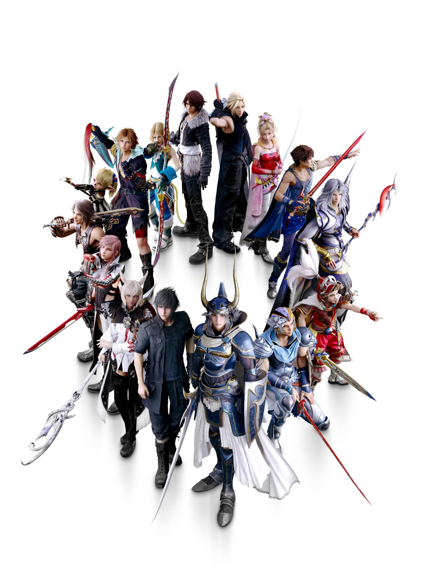 3d 4girls 6+boys absurdres alternate_costume animal_ears armor asymmetrical_clothes bandanna bare_shoulders blonde_hair blue_eyes boots brown_hair butz_klauser cat_ears circle_formation cloud_strife cropped_jacket dagger dark_skin dissidia_final_fantasy dissidia_final_fantasy_nt everyone final_fantasy final_fantasy_i final_fantasy_ii final_fantasy_iii final_fantasy_iv final_fantasy_ix final_fantasy_v final_fantasy_vi final_fantasy_vii final_fantasy_viii final_fantasy_x final_fantasy_xi final_fantasy_xii final_fantasy_xiii final_fantasy_xiv final_fantasy_xv frioniel fur_collar fur_trim gloves grey_eyes headband helmet highres horned_helmet huge_weapon jacket jewelry lightning_farron looking_at_viewer multiple_boys multiple_girls necklace noctis_lucis_caelum official_art onion_knight over_shoulder pink_hair pointing pointy_ears sash scabbard serious shantotto sheath shield shorts silver_hair simple_background sleeveless spiky_hair squall_leonhart square_enix staff sword tail thigh-highs tidus tina_branford twin_blades vaan vest warrior_of_light weapon weapon_over_shoulder y'shtola zidane_tribal