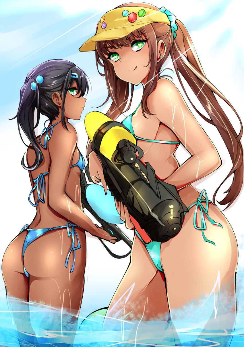 2girls absurdres agetama aqua_eyes ass bikini black_hair blue_bikini blue_sky borrowed_character breasts brown_hair dark_skin day earrings green_eyes hair_bobbles hair_ornament heart heart_eyes highres jewelry licking_lips long_hair looking_at_viewer multiple_girls original outdoors ponytail side-tie_bikini sky small_breasts standing stud_earrings sunlight super_soaker swimsuit tan tongue tongue_out visor water