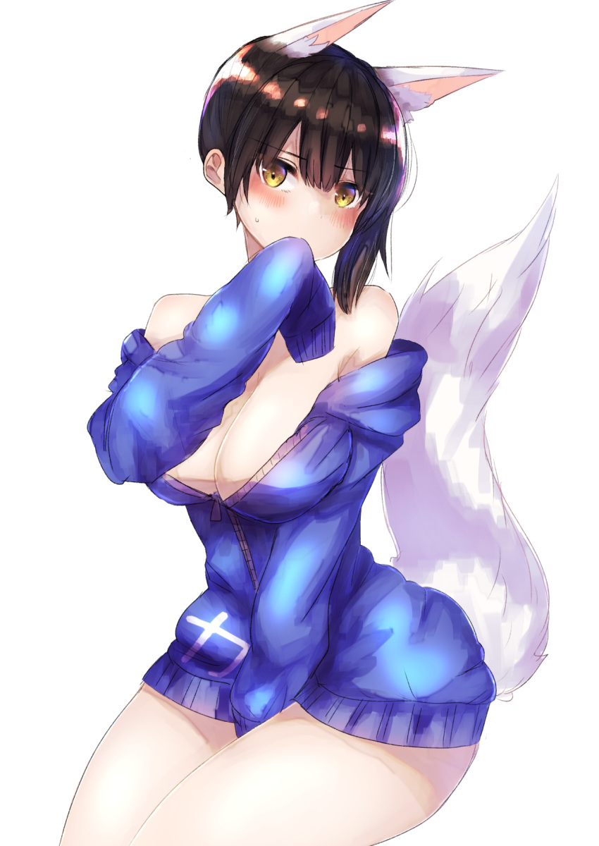 1girl animal_ears blue_jacket breasts brown_eyes brown_hair fox_ears fox_tail hair_between_eyes highres jacket kaga_(kantai_collection) kantai_collection large_breasts mochiko_(mocchikkoo) short_hair side_ponytail simple_background sleeves_past_wrists solo tail white_background
