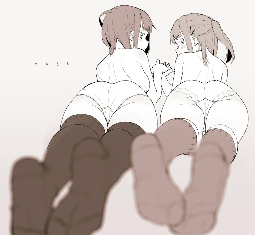 2girls ass bangs blurry blurry_foreground blush closed_mouth commentary_request depth_of_field eyebrows_visible_through_hair feet from_behind full_body hair_ornament hairclip highres holding_hands looking_at_viewer looking_back lying medium_hair monochrome multiple_girls neyuki_rei on_stomach original panties profile sepia short_hair simple_background soles thigh-highs topless twintails underwear underwear_only