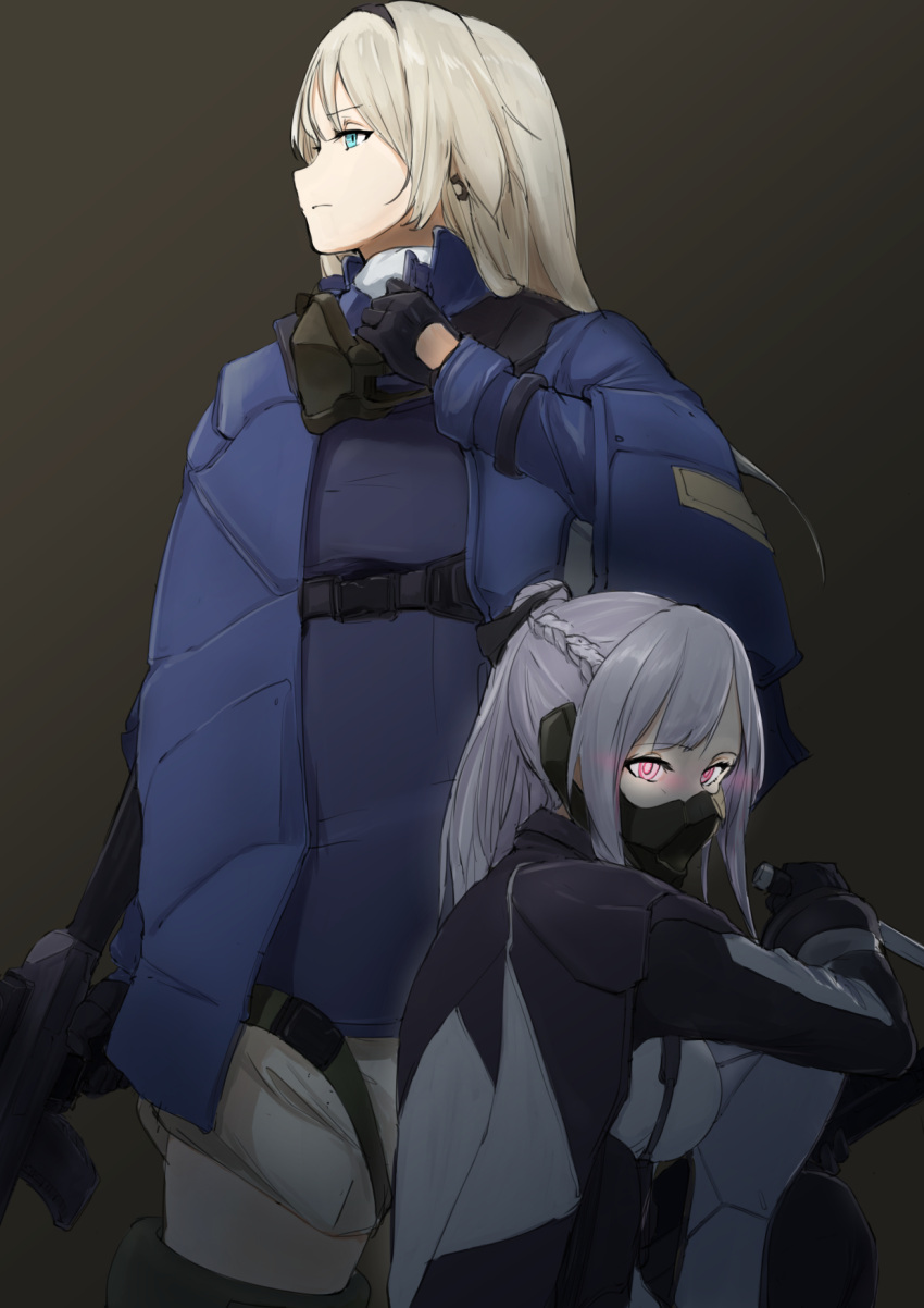 2girls ak-12_(girls_frontline) an-94_(girls_frontline) blonde_hair blue_eyes girls_frontline gloves gun hairband highres long_hair mask multiple_girls sanderson silver_hair weapon