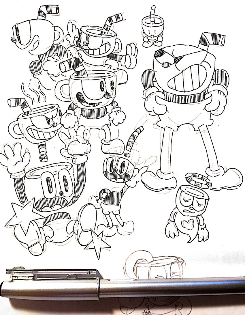 1boy absurdres character_sheet cuphead cuphead_(game) gashi-gashi giving_up_the_ghost grin halo highres pants pen pen_(medium) smile traditional_media