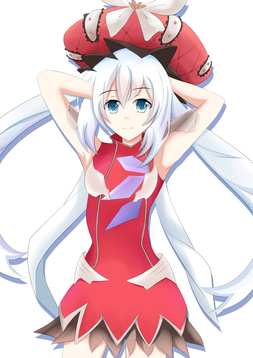 1girl absurdres aqua_eyes armpits arms_behind_head bare_arms contrapposto cowboy_shot dress eyebrows_visible_through_hair fate_(series) hat high_collar highres long_hair looking_at_viewer marie_antoinette_(fate/grand_order) masmbel red_dress red_hat smile standing white_background white_hair