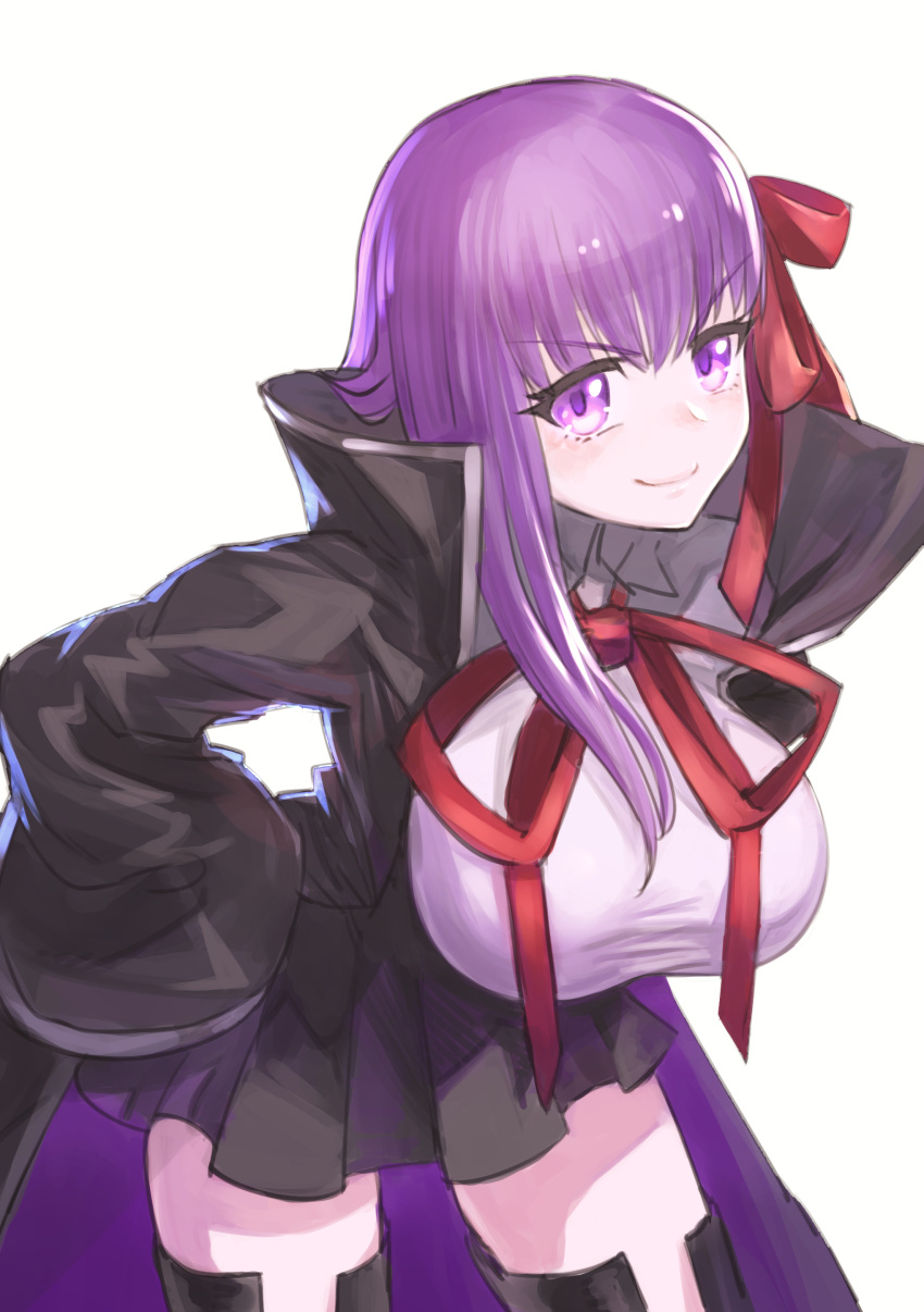 &gt;:) 1girl absurdres bangs bb_(fate/extra_ccc) bent_over black_jacket black_legwear black_skirt breasts closed_mouth emoshon eyebrows_visible_through_hair eyelashes fate/extra fate/extra_ccc fate/grand_order fate_(series) hair_between_eyes hair_ribbon hands_on_hips high-waist_skirt highres jacket large_breasts leaning_forward lips long_hair long_sleeves looking_at_viewer miniskirt open_clothes open_jacket pleated_skirt popped_collar red_ribbon ribbon shirt simple_background skirt smile solo straight_hair thigh-highs white_background white_shirt wide_sleeves zettai_ryouiki