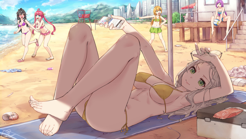 5girls :d ahoge arm_up artist_name bare_legs barefoot beach beach_house bikini bikini_skirt black_hair blonde_hair blue_eyes blue_sky breasts brown_eyes cellphone closed_mouth clouds cloudy_sky cooler day feet forehead glasses green_bikini green_eyes grey_hair highres holding holding_glasses holding_phone horizon large_breasts lying multiple_girls ocean on_back open_mouth original outdoors outstretched_arm phone pink_bikini pointing purple_bikini purple_hair ringlets seashell shade shell side-tie_bikini signature sitting sky smartphone smile solo_focus stairs standing swimsuit tareme thighs toes towel twintails umbrella volleyball wet.elephant yellow_bikini yellow_eyes