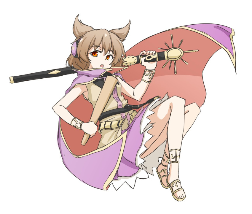 1girl :o armpits belt brown_hair cape dress orange_eyes pointy_hair ritual_baton sandals scabbard sheath solo sword tarumaru toes touhou toyosatomimi_no_miko weapon