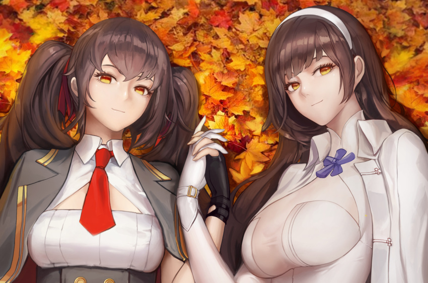 2girls bangs black_gloves black_hair breasts brown_eyes closed_mouth coat commentary_request eyebrows_visible_through_hair fingerless_gloves girls_frontline gloves hairband hand_holding interlocked_fingers jacket jacket_on_shoulders large_breasts leaf long_hair looking_at_viewer maple_leaf monaim multiple_girls open_clothes open_jacket qbz-95_(girls_frontline) qbz-97_(girls_frontline) revision sidelocks smile twintails white_gloves
