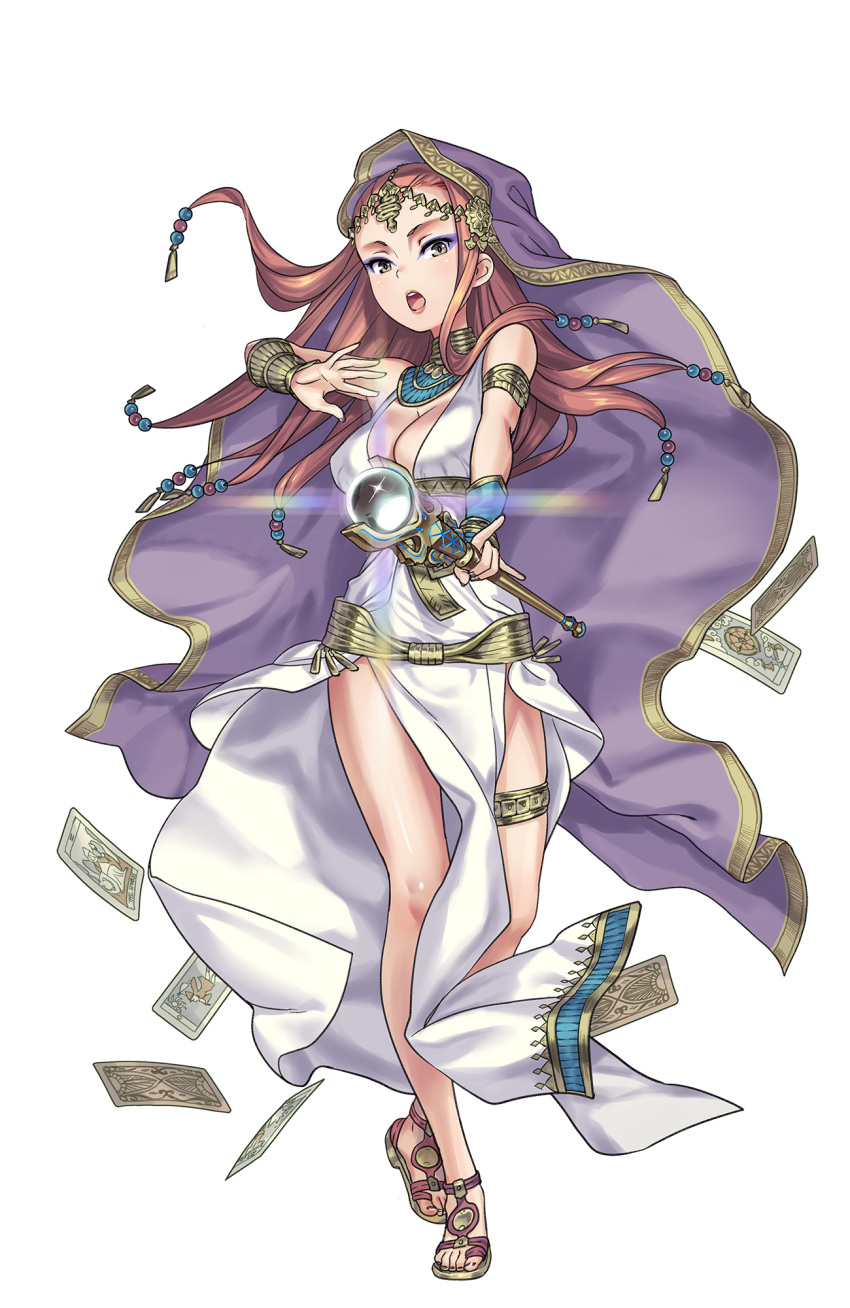1girl :o beads black_nails bracer breasts brown_hair cleavage cleopatra_the_8th eyeshadow full_body grey_eyes hair_beads hair_ornament hand_up highres holding holding_staff jewelry leglet long_hair looking_at_viewer makeup medium_breasts nail_polish neck_ring official_art princess_principal princess_principal_game_of_mission sandals solo staff tarot transparent_background