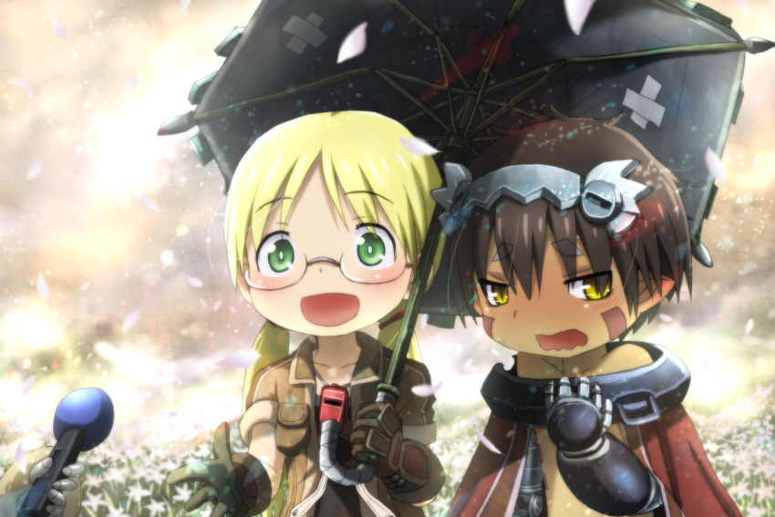 1boy 2girls :d bandage blonde_hair blush brown_gloves brown_hair brown_jacket cloak ear_blush embarrassed eyebrows_visible_through_hair facial_mark field flower flower_field genya_(genya67) glasses gloves green_eyes highres holding holding_microphone holding_umbrella jacket low_twintails made_in_abyss mechanical_arms microphone multiple_girls nanachi_(made_in_abyss) nose_blush open_clothes open_jacket open_mouth petals pointy_ears regu_(made_in_abyss) riko_(made_in_abyss) rimless_glasses slit_pupils smile special_feeling_(meme) thick_eyebrows twintails umbrella wavy_mouth whistle yellow_eyes