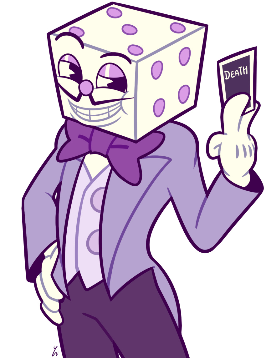 1boy bow bowtie card cuphead_(game) dice eyeshadow facial_hair grin highres king_dice makeup male_focus max_fleischer_(style) mustache pants raised_eyebrow smile smug solo tuxedo yatsunote