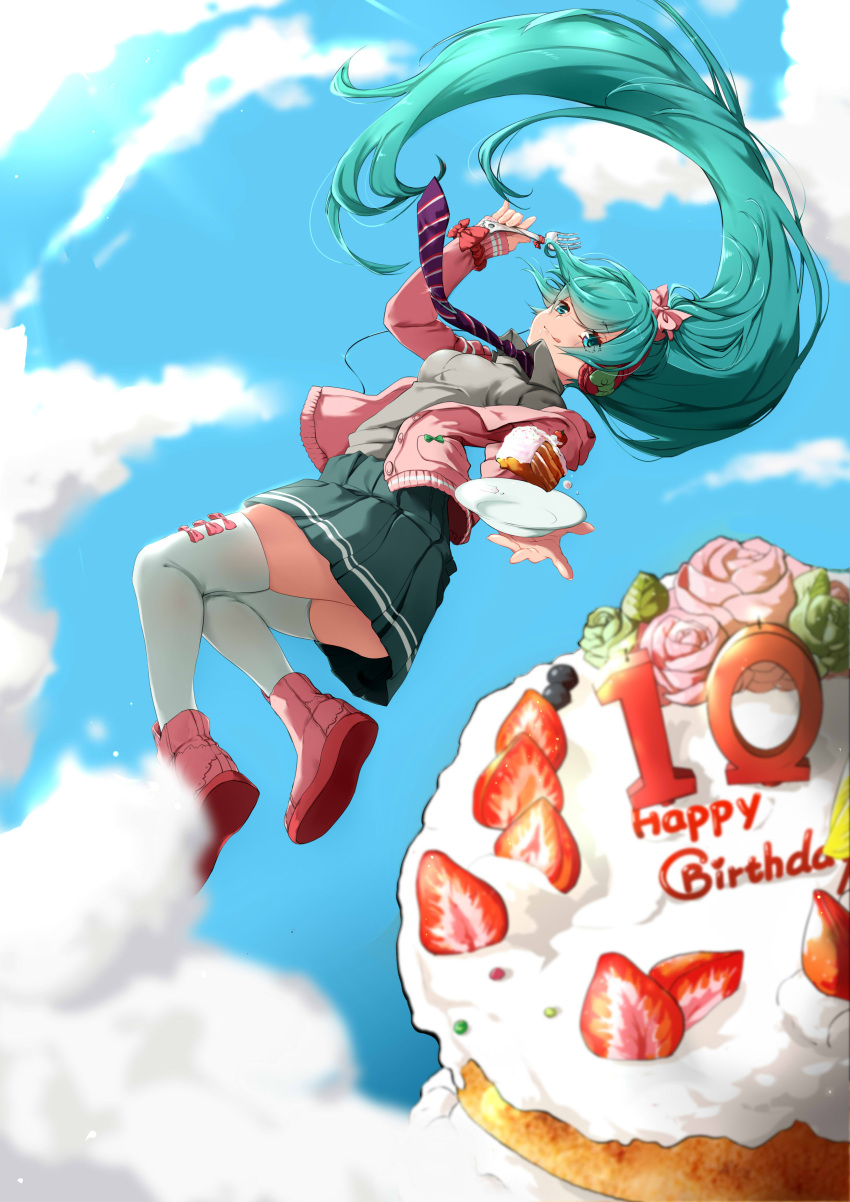 1girl :q absurdres birthday_cake blueberry bow breasts cake cardigan clouds collared_shirt commentary_request english flower food food_on_face fork fruit full_body green_hair green_skirt grey_shirt hair_bow happy_birthday hatsune_miku headphones highres holding holding_fork long_hair long_sleeves medium_breasts necktie number open_cardigan open_clothes outstretched_arm pink_bow pink_rose pink_shoes plate pleated_skirt rose scrunchie shirt shoes skirt sky slice_of_cake solo strawberry striped striped_necktie sunlight tendo_(zhazhatiantong) thigh-highs tongue tongue_out twintails very_long_hair vocaloid white_legwear wing_collar wrist_scrunchie