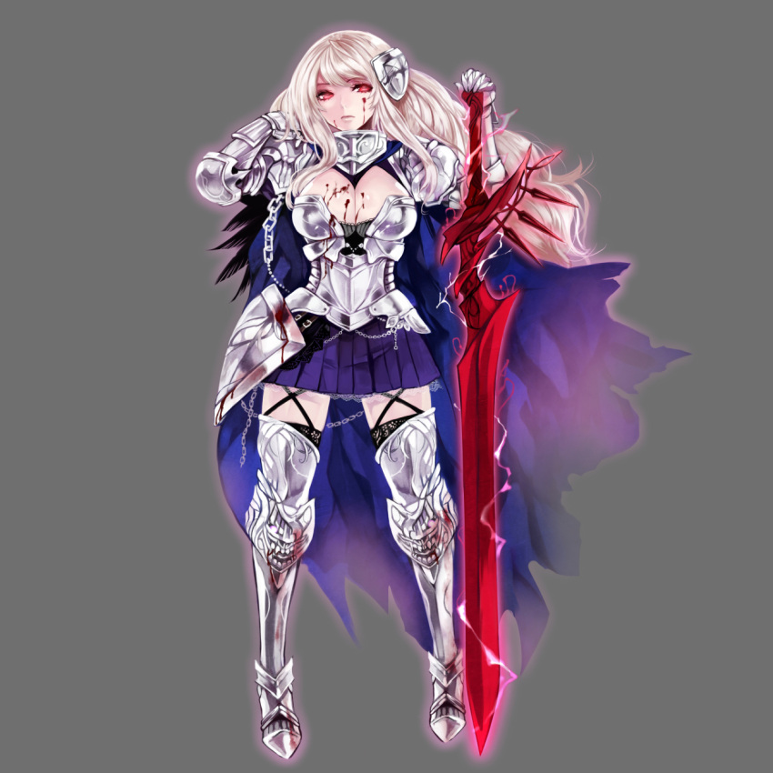 1girl apt armor black_legwear blonde_hair blood blood_on_face breasts cape cleavage full_body gauntlets greaves grey_background gyakushuu_no_fantasica highres large_breasts long_hair looking_at_viewer official_art pleated_skirt red_eyes simple_background skirt solo standing sword thigh-highs weapon