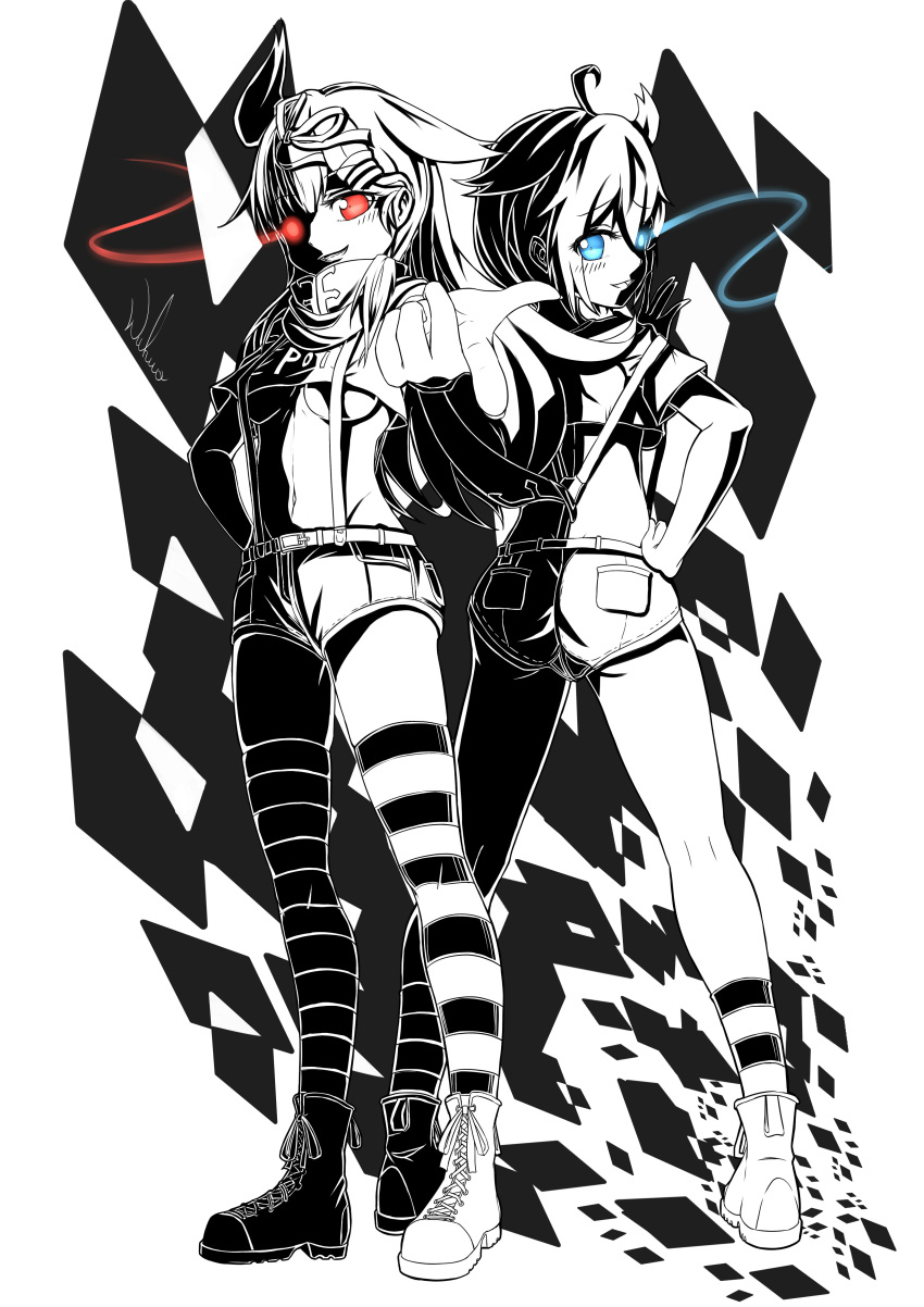 2girls :d absurdres ahoge alternate_costume ankle_boots artist_name ass bangs blue_eyes blush boots breasts clenched_hand clothes_writing crop_top cross-laced_footwear eyebrows_visible_through_hair foreshortening full_body gloves greyscale hair_flaps hair_ornament hair_ribbon hairclip hand_on_hip highres kantai_collection kneehighs lace-up_boots legs_apart light_trail looking_back medium_breasts monochrome multiple_girls navel open_mouth pointing pointing_at_viewer red_eyes remodel_(kantai_collection) ribbon scarf shigure_(kantai_collection) shorts single_glove smile spot_color standing stomach striped striped_legwear suspenders thigh-highs under_boob wuhuo yuudachi_(kantai_collection)