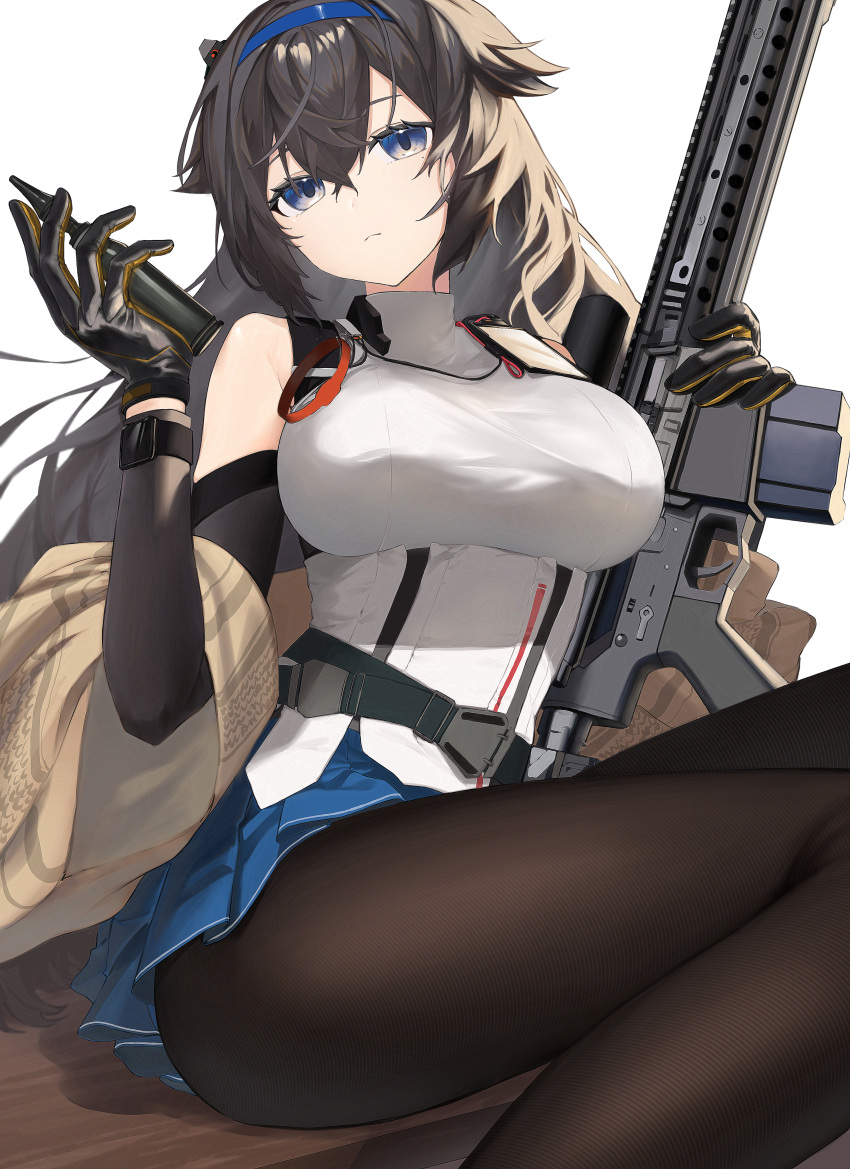 1girl absurdres ar-10 battle_rifle black_pantyhose blue_eyes breasts commission expressionless girls_frontline gloves gun hair_flaps head_tilt highres holding holding_gun holding_weapon iitenkidesune large_breasts long_hair pantyhose rifle skeb_commission sniper_rifle solo super_sass super_sass_(girls'_frontline) super_sass_(mod3)_(girls'_frontline) thick_thighs thighs very_long_hair weapon