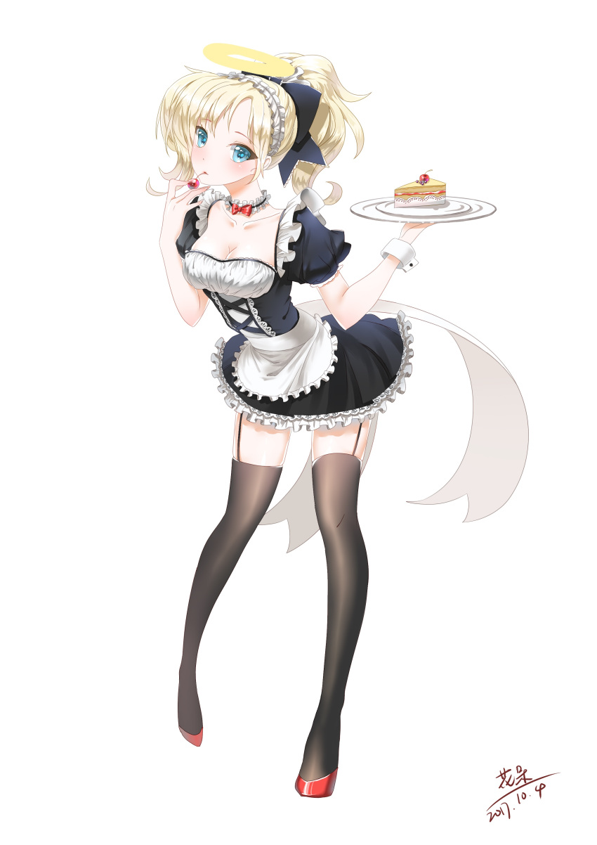 1girl absurdres alternate_costume apron black_dress blonde_hair blue_eyes breasts cake cherry choker cleavage collarbone compromise. dated dress enmaided food frilled_choker frills fruit full_body garter_straps high_ponytail highres holding holding_food looking_at_viewer maid maid_apron maid_headdress mary_janes medium_breasts medium_hair mercy_(overwatch) overwatch puffy_short_sleeves puffy_sleeves red_shoes shoes short_sleeves simple_background solo thigh-highs tray waist_apron white_background wrist_cuffs