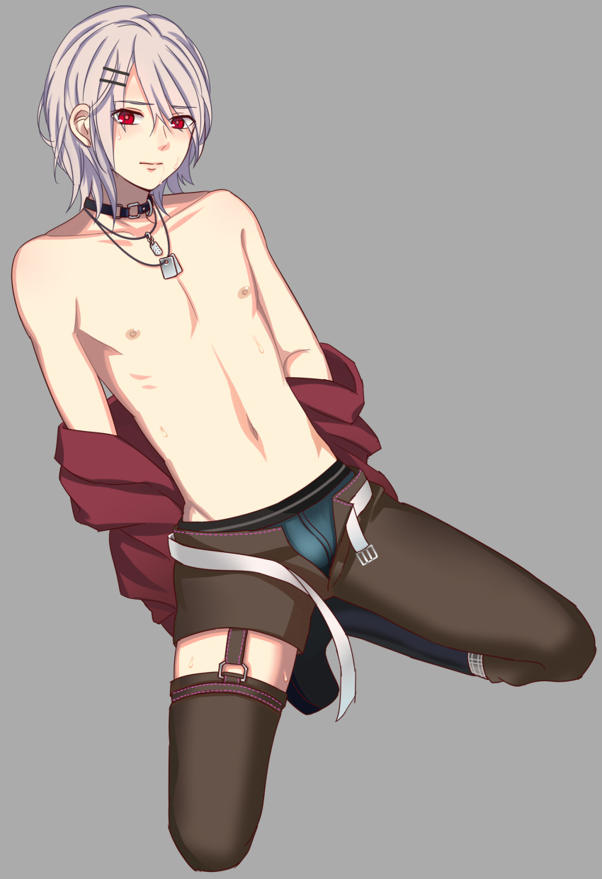 1boy absurdres asymmetrical_clothes boxer_briefs closed_mouth collar danieru_hatto dog_tags garter_straps grey_background hair_ornament hairclip highres horinochi_yogaru horne_(website) jewelry looking_at_viewer male_focus mascot necklace nipples pants red_eyes shirtless short_hair silver_hair simple_background solo sweat unbuckled_belt