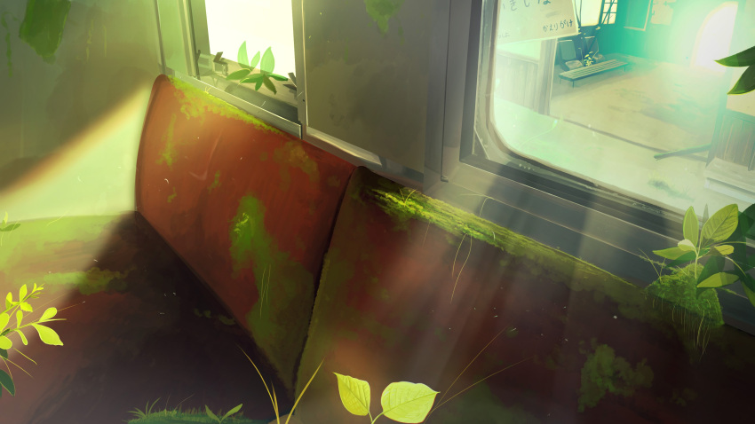 absurdres banishment bench commentary_request day grass highres interior leaf moss no_humans original plant ruins seat sunlight train_interior window