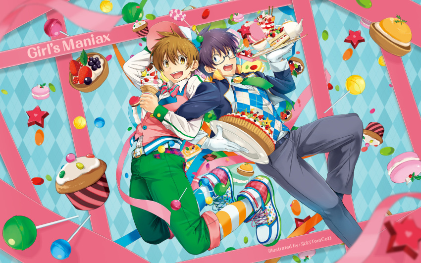 2boys argyle argyle_background artist_name baseball_cap black_hair blue_background blue_eyes bow bowtie brown_hair butler candy copyright_name cupcake dlsite.com food gaku_(dlsite) glasses gloves hat highres ice_cream ice_cream_cone jumping kyouta_(a01891226) locked_arms lollipop macaron male_focus minato_(dlsite) multiple_boys official_art open_mouth ribbon shoes short_hair smile sneakers strawberry_shortcake tart_(food) vest wallpaper white_gloves yellow_background