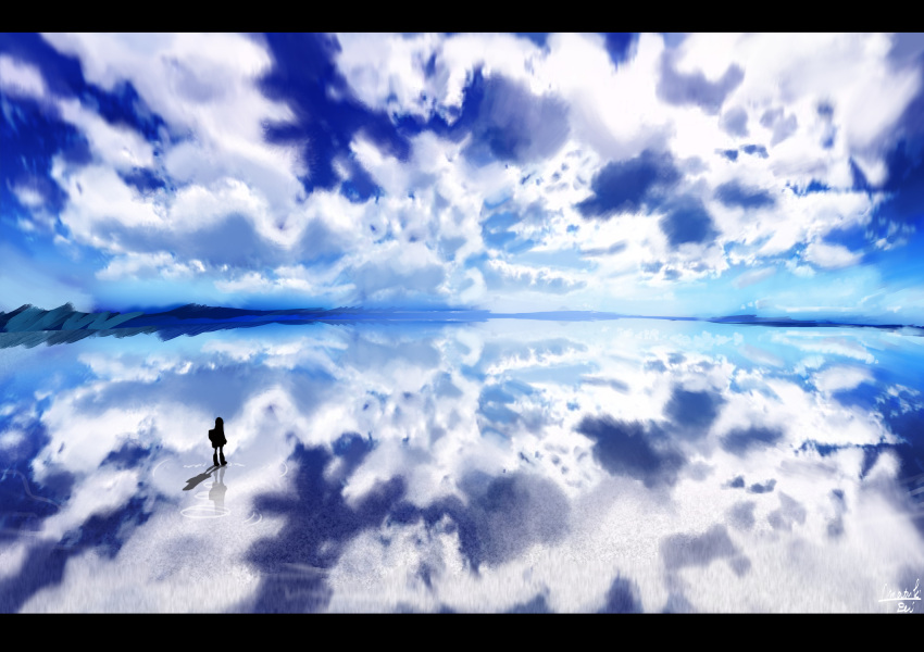 1girl amatsuki_rei blue blue_sky clouds cloudy_sky day highres lake letterboxed ocean original outdoors reflection scenery signature silhouette sky solo standing walking walking_on_liquid water water_surface