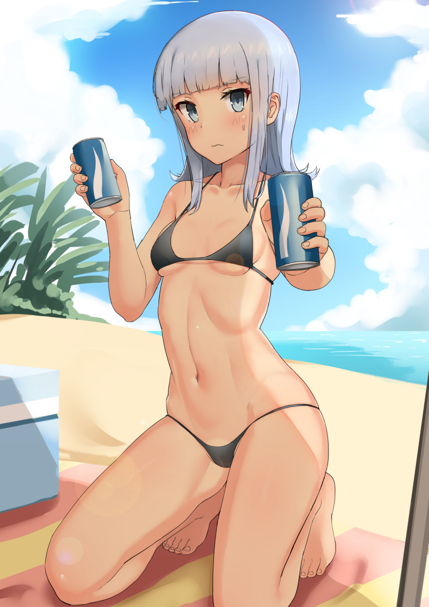 1girl absurdres bangs barefoot beach bikini black_bikini blue_eyes blue_hair blue_sky blunt_bangs can clouds collarbone cooler day foreshortening full_body hatsukaze_(kantai_collection) highres kantai_collection kneeling looking_at_viewer navel outdoors shade sky soda_can solo soushou_nin swimsuit