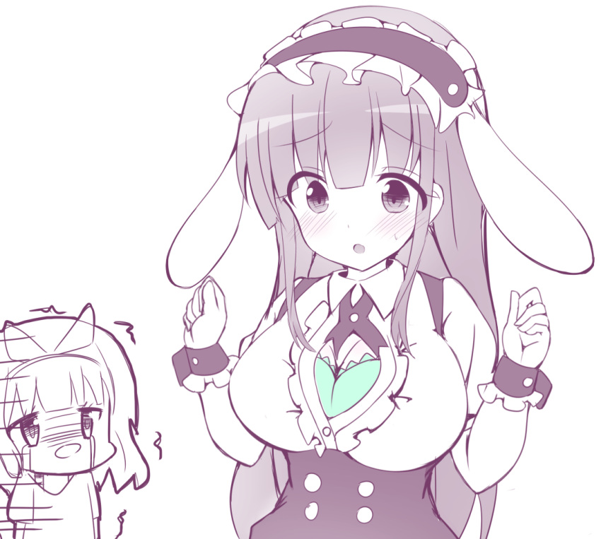 2girls :o alternate_costume animal_ears bangs blunt_bangs blush bolo_tie bra breasts chibi cleavage collared_shirt commentary_request crying crying_with_eyes_open eyebrows_visible_through_hair fake_animal_ears fleur_de_lapin_uniform floppy_ears frilled_cuffs frilled_shirt frills gochuumon_wa_usagi_desu_ka? green_bra hairband kirima_sharo large_breasts looking_at_viewer maid_headdress monochrome multiple_girls open_mouth partially_unbuttoned puffy_short_sleeves puffy_sleeves rabbit_ears shiki_(catbox230123) shirt short_hair short_sleeves simple_background spot_color t-shirt tears trembling ujimatsu_chiya underbust underwear upper_body wardrobe_malfunction wavy_hair white_background wing_collar wrist_cuffs