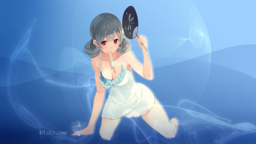 1girl bangs bare_legs bare_shoulders blunt_bangs blush breasts camisole cleavage closed_mouth collarbone dlsite.com double_bun dress eyebrows_visible_through_hair fan food food_in_mouth full_body grey_hair hand_up highres holding holding_fan kneeling large_breasts legs_apart looking_at_viewer mouth_hold paper_fan paseri popsicle sidelocks solo thighs uchiwa violet_eyes wallpaper watermark web_address white_dress xi_lily