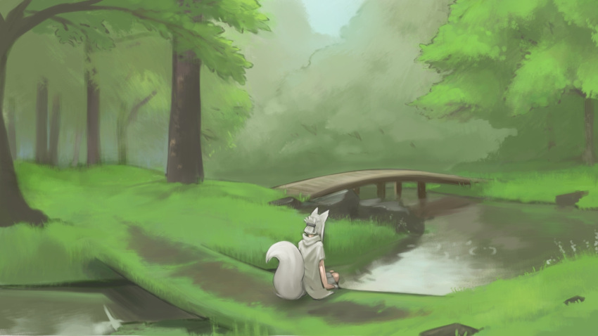 1girl animal_ears bridge facing_away forest fox_ears fox_tail from_behind grass highres hood hood_down nature original outdoors paintrfiend ripples river robe rock scenery short_sleeves sitting solo tail tied_hair tree white_hair white_robe