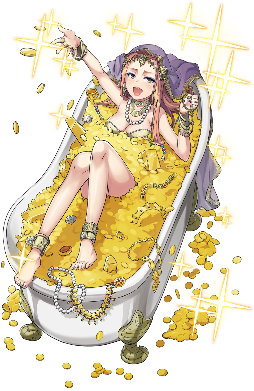 1girl :d anklet arm_up bangle barefoot bathtub beads blush bracelet breasts brown_hair cleavage cleopatra_the_8th coin crown eyeshadow feet full_body gem goblet gold_bar hair_beads hair_ornament highres jewelry long_hair looking_at_viewer lying makeup necklace necklace_removed official_art open_mouth pearl_necklace princess_principal princess_principal_game_of_mission ring smile solo sparkle toes transparent_background