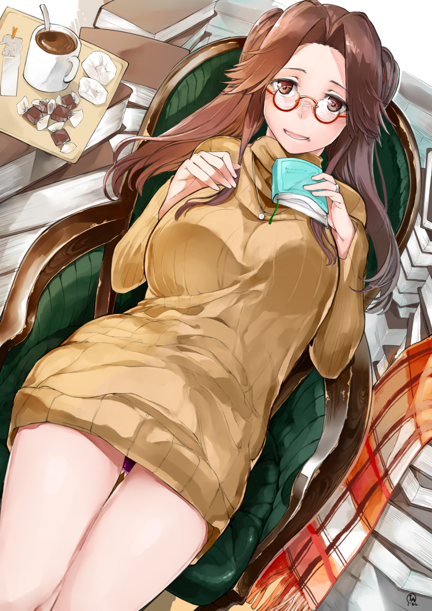 1girl :d alternate_costume bespectacled book brown_eyes brown_hair glasses half_updo highres holding holding_book iapoc jintsuu_(kantai_collection) kantai_collection long_hair long_sleeves open_mouth red-framed_eyewear sitting smile solo sweater yellow_sweater