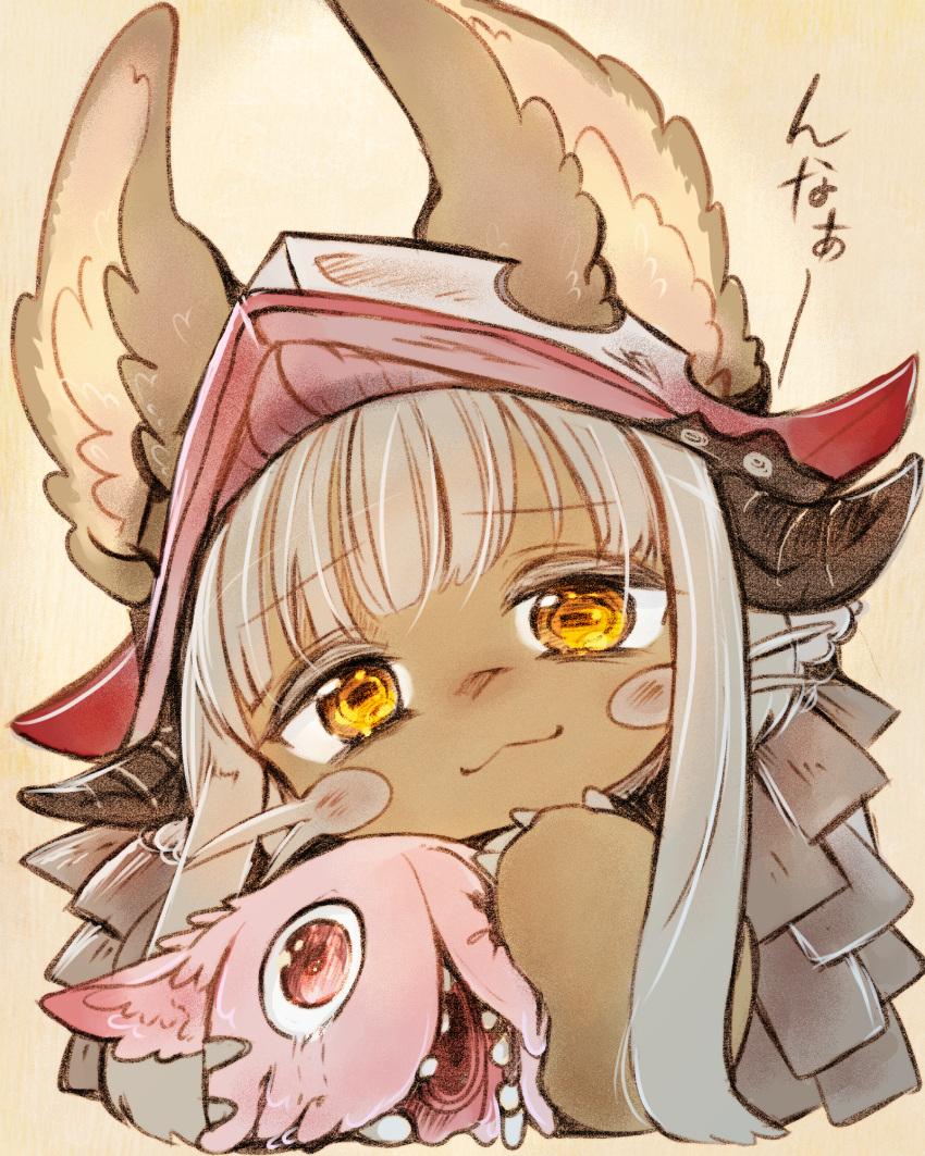 1girl :3 animal_ears artist_request bangs blunt_bangs commentary_request furry grey_hair head_tilt helmet highres looking_at_viewer made_in_abyss mitty_(made_in_abyss) nanachi_(made_in_abyss) red_eyes sidelocks whiskers yellow_eyes