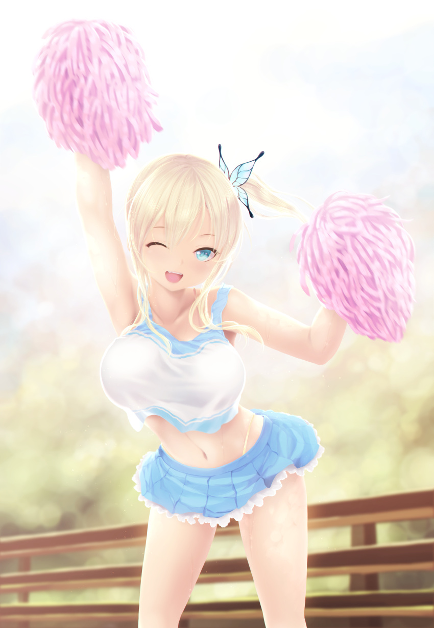 1girl absurdres alternate_hairstyle arm_up armpits blonde_hair blue_eyes blue_skirt boku_wa_tomodachi_ga_sukunai breasts butterfly_hair_ornament cait cheerleader hair_ornament highres kashiwazaki_sena large_breasts long_hair looking_at_viewer miniskirt navel one_eye_closed open_mouth patreon_reward pleated_skirt pom_poms side_ponytail skirt smile solo standing sweat teeth