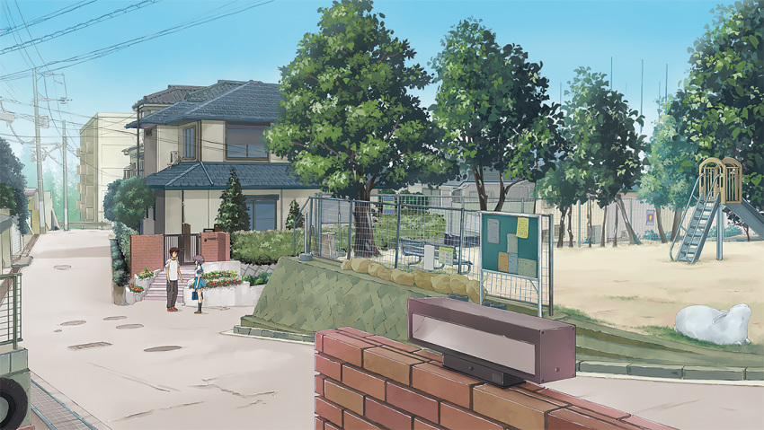 1boy 1girl blue_legwear blue_skirt blue_sky brown_footwear brown_hair bush city commentary_request day fence grass grey_pants house kyon looking_at_another nagato_yuki nanabuluku outdoors pants park phone plant potted_plant power_lines purple_hair road scenery school_uniform shirt shoes short_hair short_sleeves skirt sky slide socks stairs standing street suzumiya_haruhi_no_yuuutsu tree white_shirt