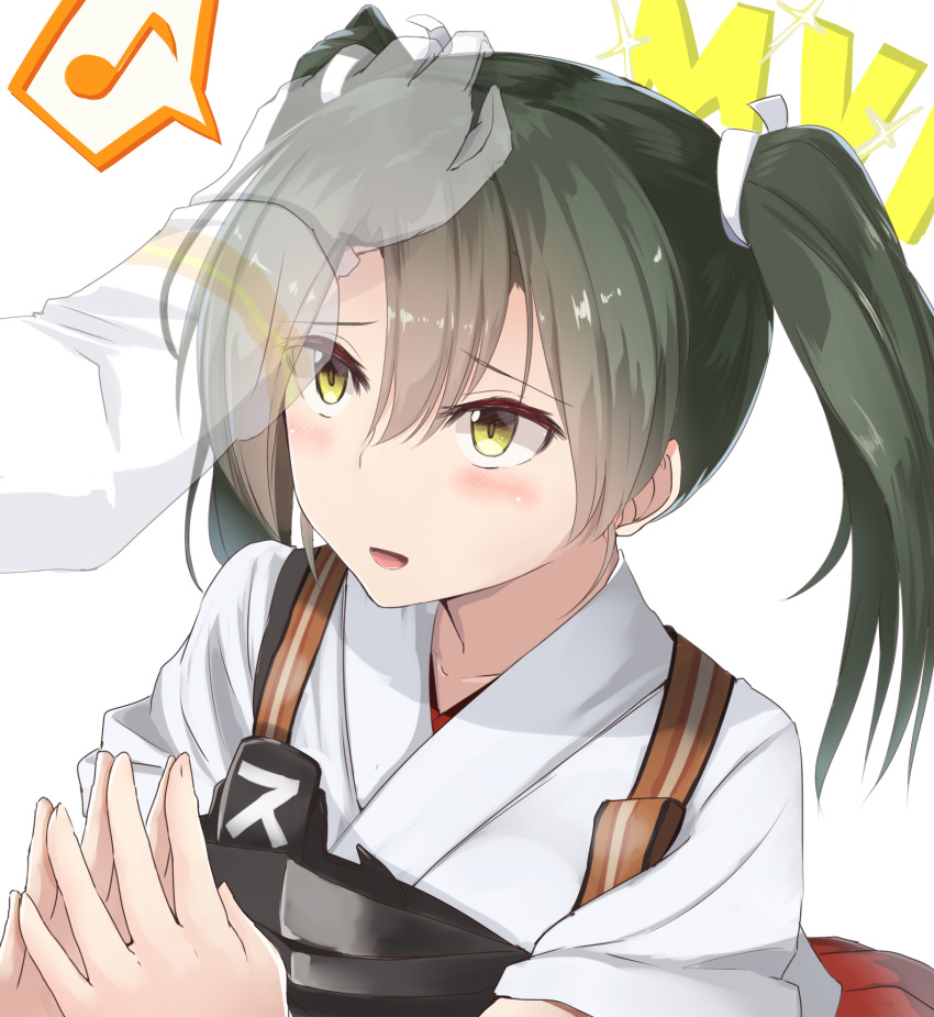 1girl admiral_(kantai_collection) blush collarbone eyebrows_visible_through_hair eyes_visible_through_hair gloves green_eyes green_hair hair_between_eyes hand_on_another's_head highres kantai_collection ninoude_(ninoude44) nontraditional_miko open_mouth petting ribbon sidelocks smile twintails white_ribbon white_uniform zuikaku_(kantai_collection)