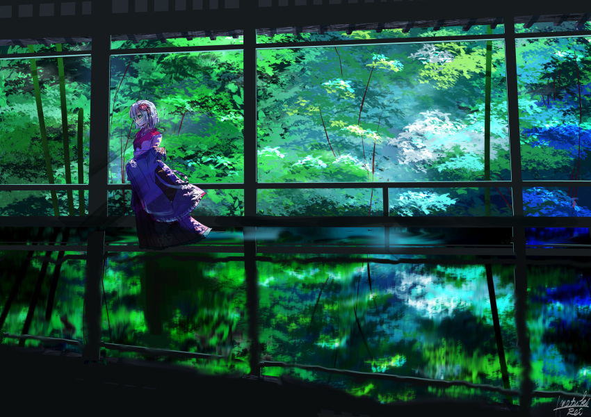 1girl amatsuki_rei commentary_request dappled_sunlight day flower forest from_side grey_hair hair_flower hair_ornament hands_in_sleeves highres indoors japanese_clothes kimono long_sleeves looking_away nature off_shoulder original profile puddle reflection scenery signature sleeves_past_wrists solo standing sunlight tree walking wide_sleeves