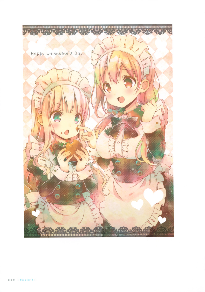 2girls absurdres black_bow black_neckwear blonde_hair bow bowtie breasts center_frills finger_to_another's_cheek food food_on_face green_eyes hair_bobbles hair_ornament happy_valentine highres hiiragi_mayuki hinako_note juliet_sleeves lace_border large_breasts light_brown_eyes light_brown_hair long_hair long_sleeves low_twintails maid maid_headdress march-bunny multiple_girls page_number puffy_sleeves sakuragi_hinako scan twintails