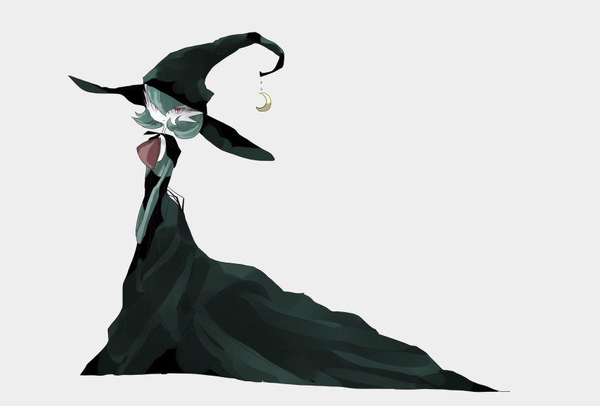 1girl absurdres full_body gardevoir green_hair grey_background highres looking_at_viewer no_humans pokemon pokemon_(creature) red_eyes short_hair simple_background solo standing witch