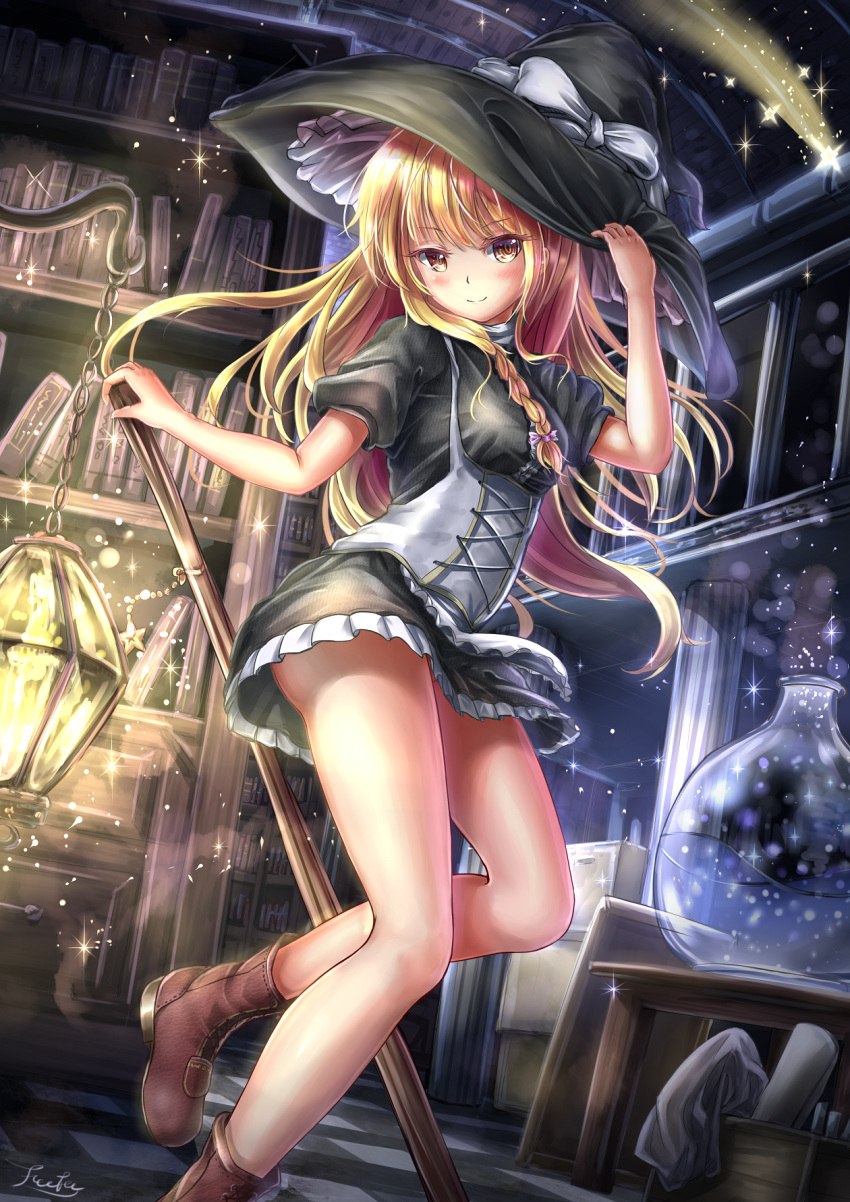 1girl apron bare_legs black_dress black_hat blonde_hair book bookshelf boots bottle bow braid breasts broom brown_footwear checkered checkered_floor dress fii_fii_(feefeeowo) hat hat_bow hat_tug highres kirisame_marisa lantern long_hair looking_at_viewer medium_breasts puffy_short_sleeves puffy_sleeves scroll short_dress short_sleeves side_braid smile solo sparkle standing star table touhou underbust white_bow witch_hat yellow_eyes