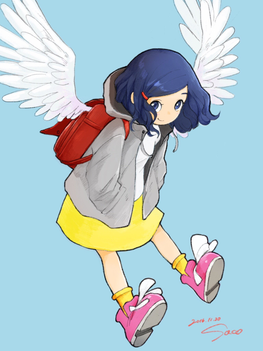 1girl angel_wings backpack bag blue_background blue_eyes blue_hair child closed_mouth commentary_request dated full_body grey_hoodie hair_ornament hairclip hands_in_pockets highres hood hoodie long_sleeves looking_at_viewer pink_shoes randoseru sako_(user_ndpz5754) shirt shoes signature simple_background skirt smile socks solo white_shirt wings yellow_legwear yellow_skirt