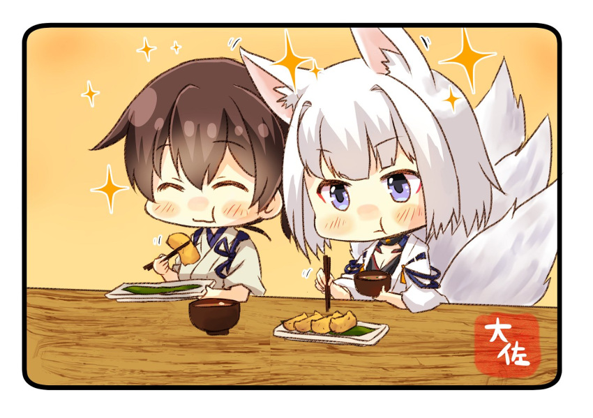 2girls ^_^ animal_ears artist_name blue_eyes brown_eyes brown_hair chopsticks closed_eyes eating food fox_ears fox_tail hair_between_eyes holding_chopsticks japanese_clothes kaga_(azur_lane) kaga_(kantai_collection) kantai_collection multiple_girls short_hair side_ponytail smile sparkle tail taisa_(kari) tasuki white_hair