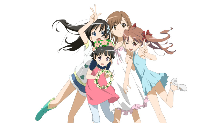 4girls :d ;d arm_up black_hair blue_dress blue_eyes blue_shirt blue_shorts brown_eyes brown_hair collarbone dress floating_hair frilled_dress frills hair_ribbon head_wreath high_heels highres long_hair looking_at_viewer misaka_mikoto multiple_girls one_eye_closed one_leg_raised open_mouth pants red_ribbon ribbon saten_ruiko shirai_kuroko shirt short_dress short_hair short_shorts shorts simple_background sleeveless sleeveless_dress smile to_aru_kagaku_no_railgun to_aru_majutsu_no_index twintails uiharu_kazari w white_background white_dress white_pants yangfu