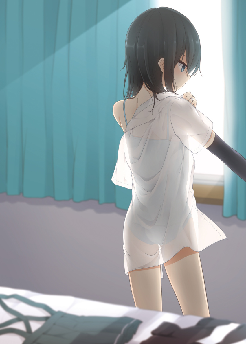 1girl arm_warmers asashio_(kantai_collection) bangs blue_bra blush bra closed_mouth clothes_removed collared_shirt curtains dressing from_behind hair_between_eyes highres kantai_collection legs_apart nagami_yuu nape see-through shade shirt short_sleeves sidelocks solo standing thighs underwear white_shirt